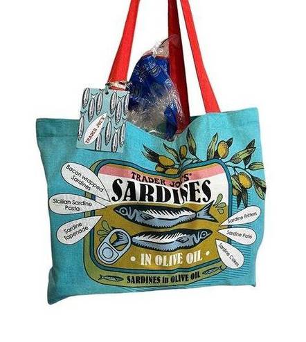 NWT Trader Joe's Blue/Red Sardine Reusable Canvas Shopping Bag Limited Edition Multiple