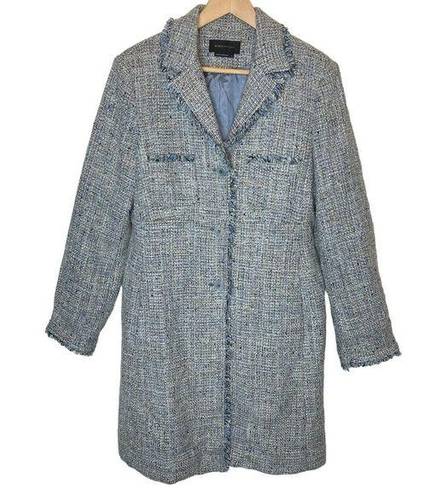 BCBGMAXAZRIA Wool Silk Tweed Longline Coat Blue Raw Edge Overcoat, size Large