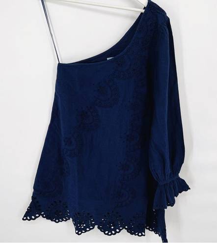 Hill House NWT  Mila Dress One Shoulder Navy Linen Blue Eyelet Sz S