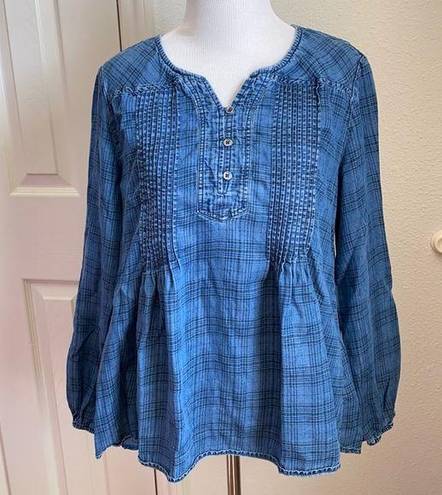 Style & Co  Quarter Button Plaid Print Denim Blouse