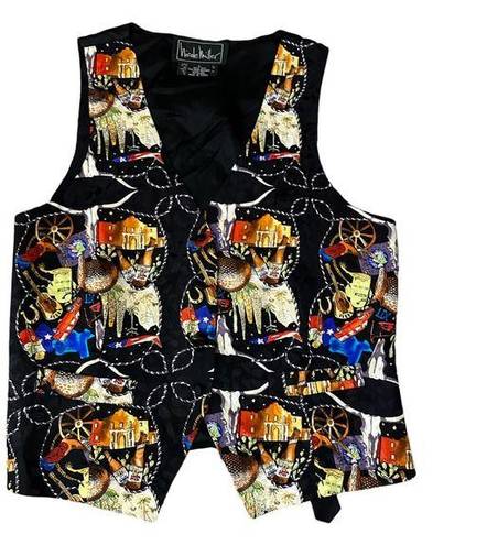 Nicole Miller Vintage  Printed Vest Cowboy Rodeo Western Silk Black Size Large