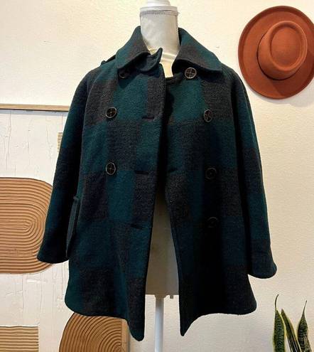 Anthropologie  Cartonnier Green Buffalo Plaid Checkered Coat Cape Wool Blend