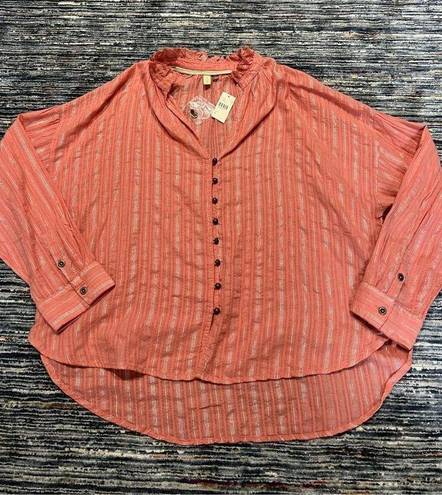 Pilcro  Anthropologie NWT Ruffled Top Blouse Pink Silver Stripe size L