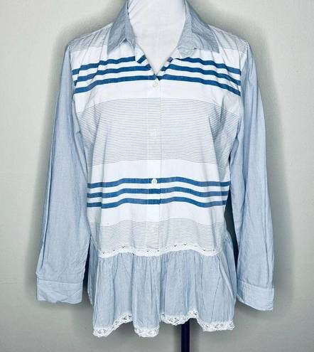 DKNY Peplum Top MEDIUM Ruffle Hem Blue & White Striped Half Button Long Sleeve