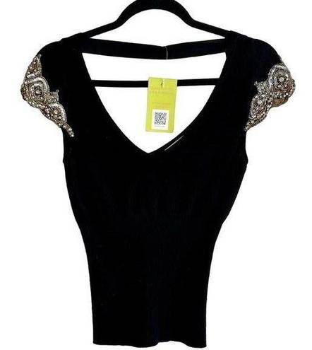 Tracy Reese  Cap Sleeve Embellished Sequin Stretch Top Blouse Black Women's Small