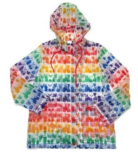 Disney NWT  Parks Hooded Rain Jacket in Clear Rainbow Treats Castle Zip Coat M