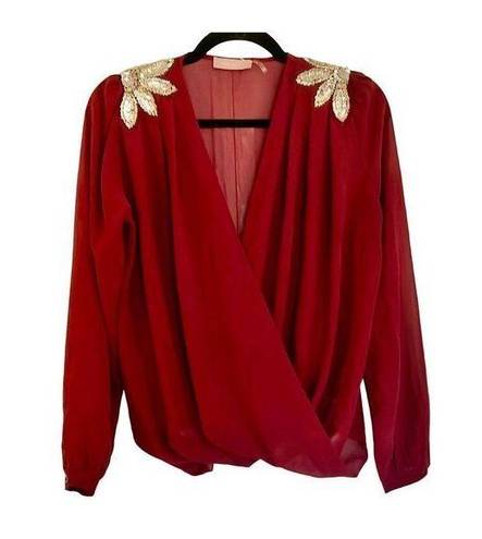 Harper  burgundy faux wrap metallic appliqué blouse size small