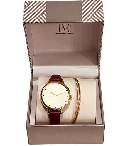 INC NEW  Womens Cinnamon Faux-Leather WATCH 35mm & Gold BRACELET Set Macys Boxed