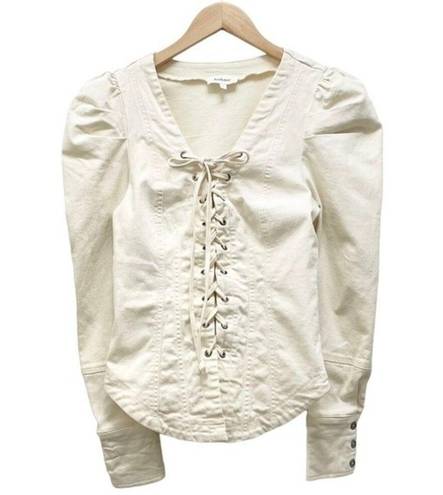 Bohme  Micah Corset Top Puff Sleeve Lace Up Denim Blouse Ivory Cream Size Small