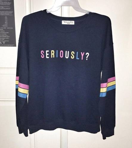 Wound Up New  blue sweater “seriously” spellout 19