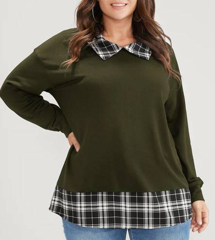 Bloomchic Sweatshirt w/ Plaid Hem and Collar Olive Size 18