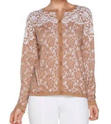 Bob Mackie LACE PRINT LONG SLEEVE BUTTON FRONT CARDIGAN, TAN, XL