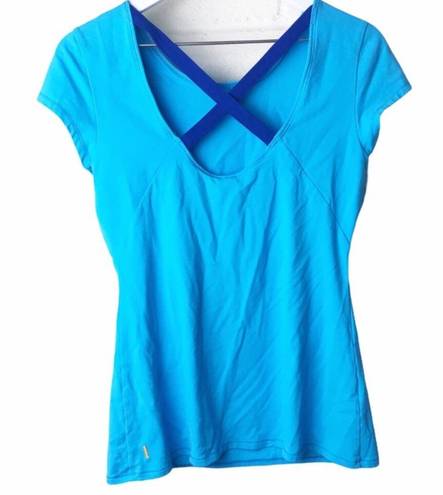 Lucy Activewear  Women's Bright Blue Cross Back Short Sleeve Fitted Workout Top