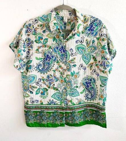 Joie  Blouse White & Green Paisley Pattern Short Sleeves Button Up Top Sz S EUC