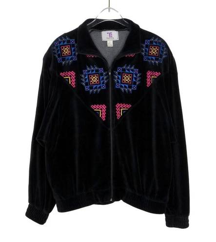 Oleg Cassini  80s Black Velour Embroidered Jacket Retro 80s Rainbow Detail Medium