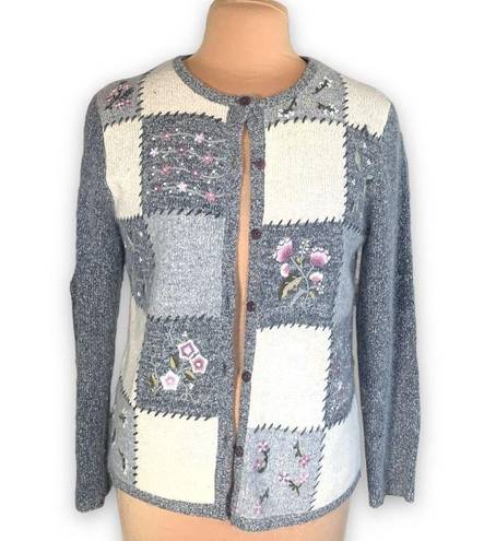 Dress Barn Vintage  Cardigan Sweater Knit Gray Patchwork Round Neck Pastel Floral