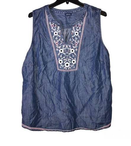 J.Jill  Denim Embroidered Floral Tank Top Blue XL