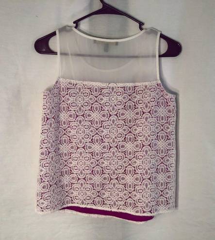 Cynthia Steffe  XS Tank Top Purple White Lace Silhouette Lined Semi Sheer 544