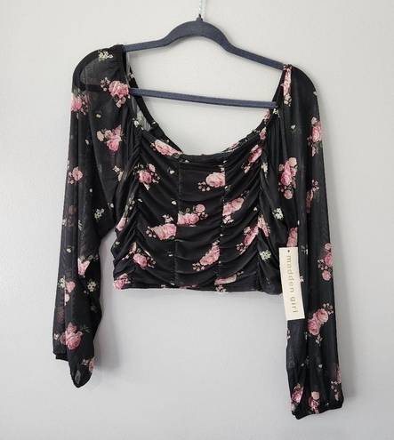 Madden Girl   Floral-Print Peasant Top With Mask, Black Ruched Size XXL NWT