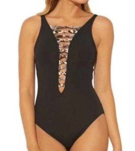 Bleu Rod Beattie  Animal Print Knotted Black One Piece Swimsuit