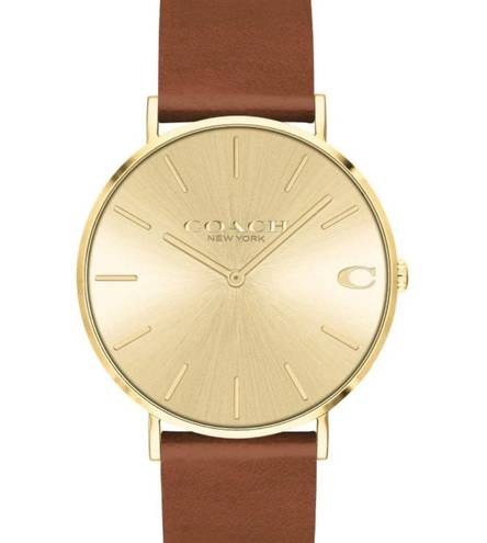 Coach Charles Gold Dial Brown Elliot Saddle Genuine Leather Band Strap Watch 