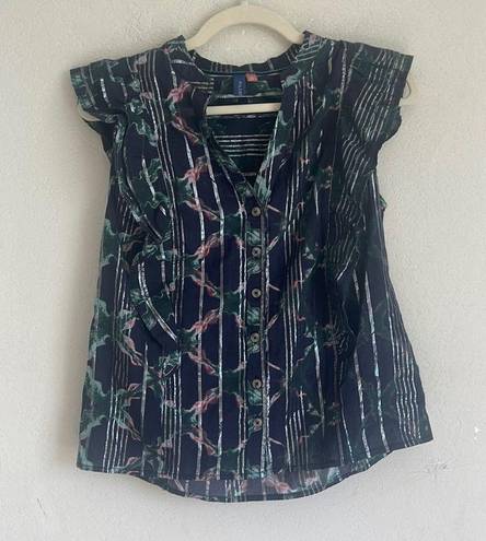 Pilcro  Anthropologie Floral Sleeveless Ruffle Blouse Button Down