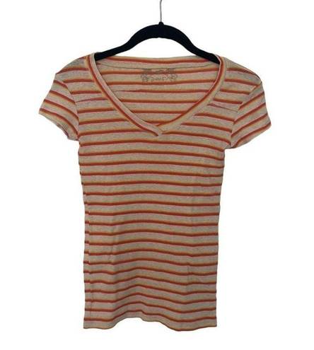 Poof ! SZ S white, orange and yellow striped t-shirt