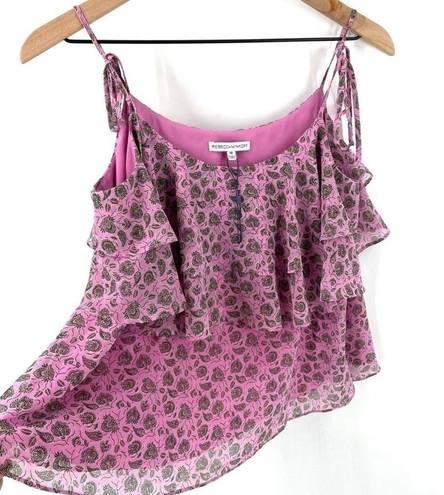 Rebecca Minkoff 🍃SIZE MEDIUM 🍃PINK TIERED ATLAS SEMI SHEER RUFFLED CAMI TANK