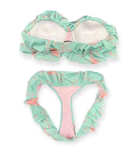 Beach Riot  bikini, aqua blue pink unicorn print Flutter ruffle (top M, Bottom L)