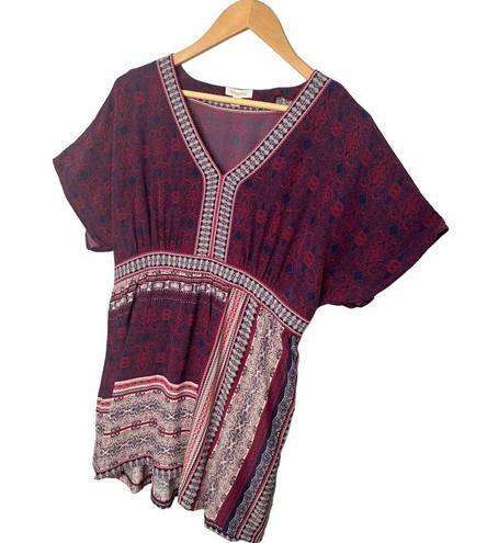 Garnet Hill  100% Slik Boho V Neck Dolman Short Sleeves Tunic Red Blue 8