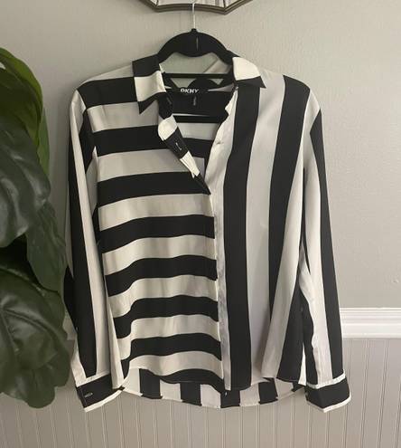 DKNY Women’s  Mixed Striped Button Down Shirt Black White Size XS