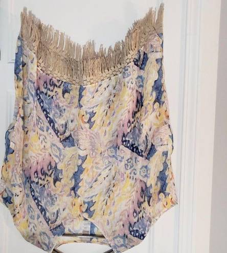 Chico's  Linen Weave Poncho Cape Watercolor Paisley Crochet Fringe Small / Medium