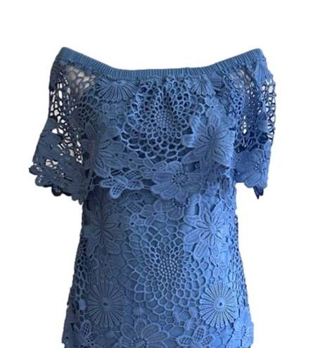Mimi Chica  Dress Blue Lace Crochet Off Shoulder Short Sleeve Mini Dress Medium