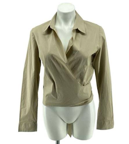 DKNY City  Women’s Tan Collared Long Sleeve Cotton Wrap Front Blouse Top Size 12