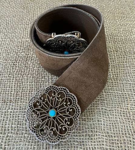 Vintage Brown Suede Leather Belt With Brass & Turquoise Buckle S