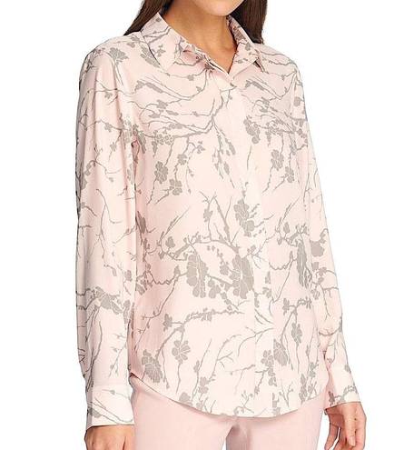 DKNY  Button Up Floral Blouse Dress Shirt Pink Long Sleeve Grey Tree Large