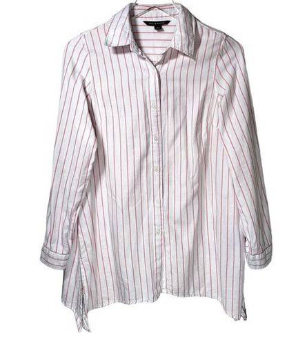 Zac and Rachel  Striped Collared Button Up Roll Tab Sleeves Top in Pink/White