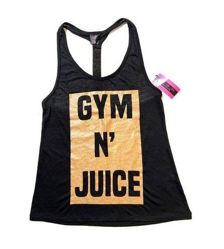 Material Girl  Gym N’ Juice Black/Gold Graphic Active Racerback Tank Top …