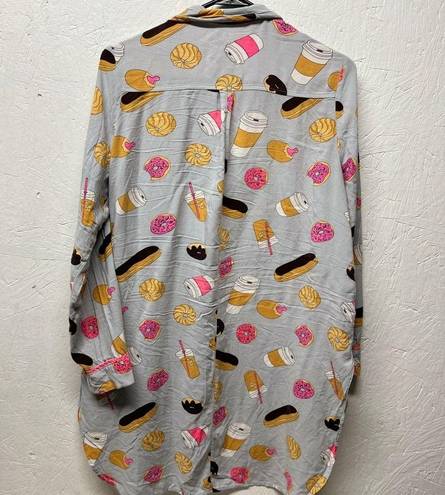 Xhilaration Sleepwear Sleep shirt gray pink sprinkled donuts and coffee button front size L