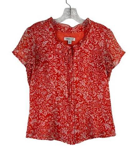 Coldwater Creek  Top Womens XS Button Up Blouse Orange Floral Lined Short Sleeve