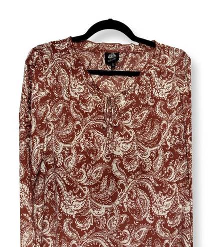 Bobeau Womens Blouse Brown White Paisley Long Sleeve Tie Keyhole Lined L New