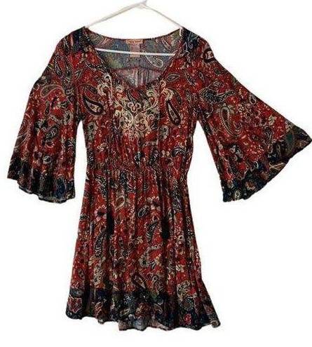 Flying Tomato  womens small red paisley boho dress flare bell sleeve cute fairy b