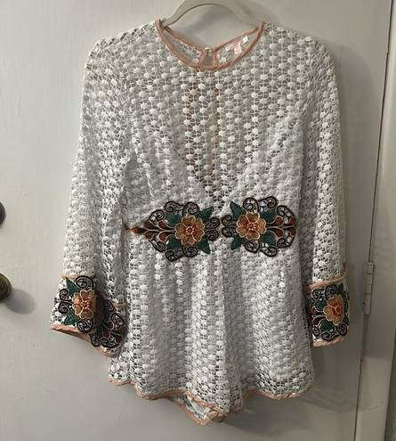 Luxxel White Embroidered Floral Romper with Bell Sleeves Size M