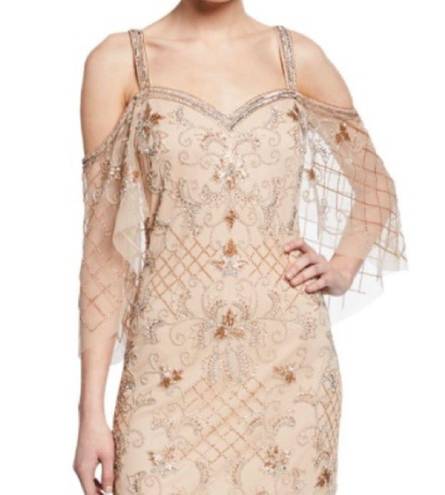 Aidan Mattox Beaded Sweetheart Cold Shoulder Capelet Sleeve Gown