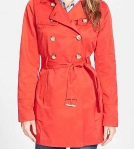 Guess  Red Floral Double Breasted Belted Tailcoat Women's Trench Coat Size Medium