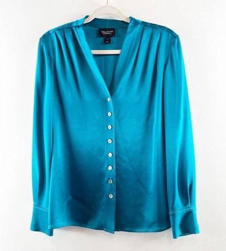 St. John  Couture Button Down Long Sleeve Silky Blouse Shirt Teal Blue 6