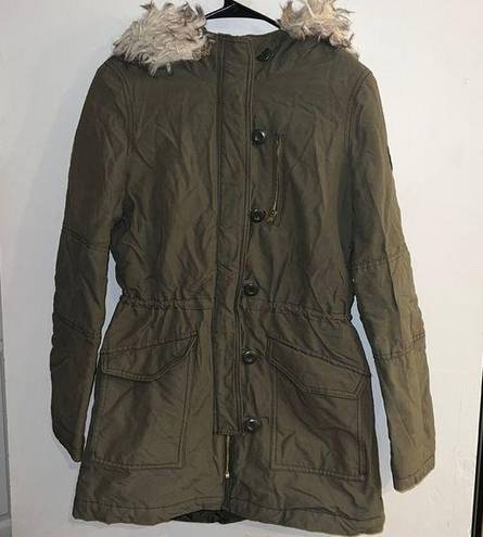 American Eagle  Women’s Olive Green Faux Fur Hood Toggle Button Coat Size S