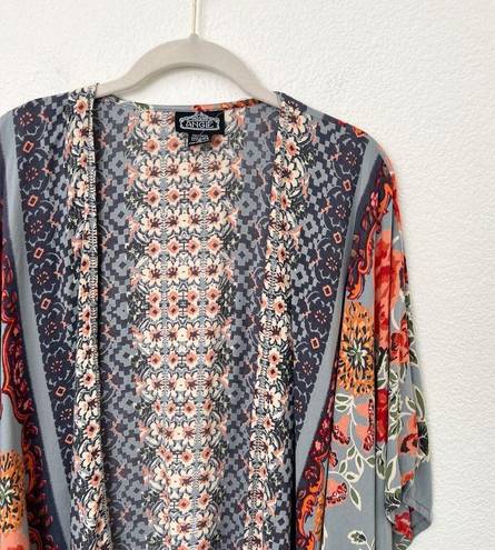 Angie [] Dove Gray Floral Print Flowy Open Front Kimono Cover-Up Boho Top Large L