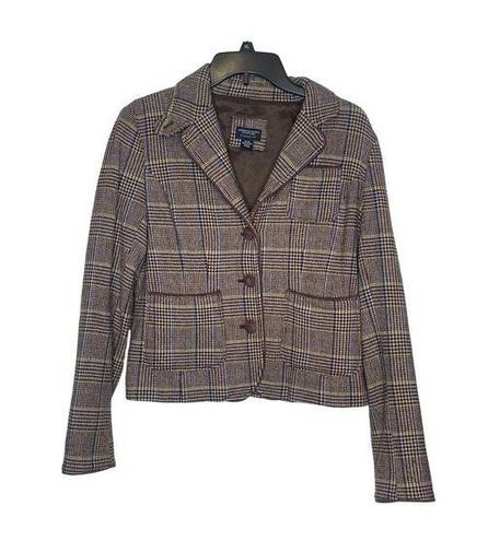 American Eagle  Women Blazer Jacket Houndstooth Wool Elbow Patches Brown Medium