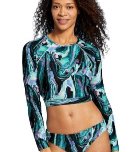 All In Motion  Swim Rash Guard Top Womens Large Black Blue Cropped Tie Back